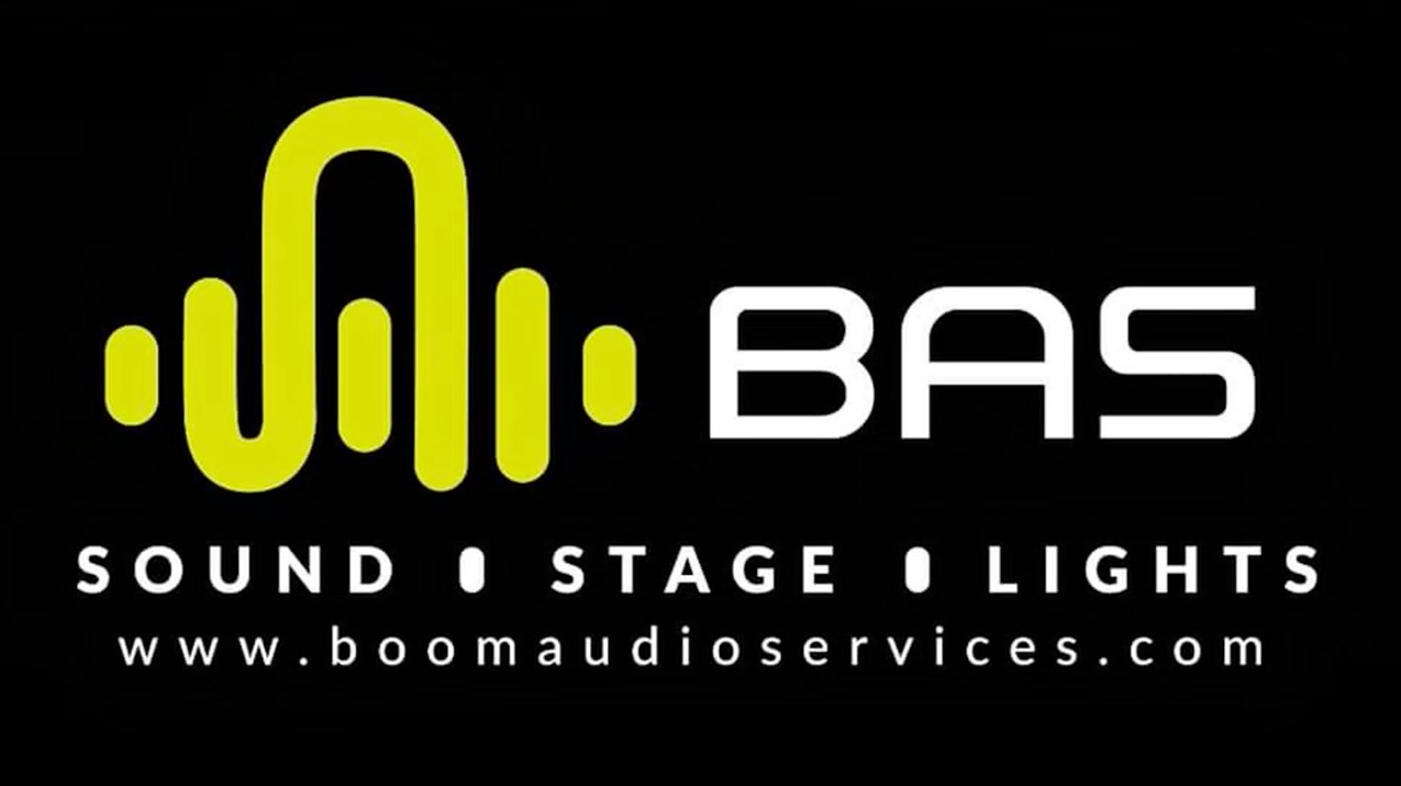 Logo for B.A.S. with a yellow sound wave graphic, the words 'SOUND,' 'STAGE,' and 'LIGHTS,' and the website address www.bomaudioservices.com.