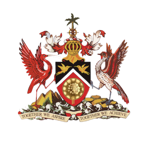The national coat of arms of Kenya featuring a shield with a red, black, and white design, flanked by a red earedstar and an oriole bird, topped with a crown, and a banner underneath with the motto "Together We Aspire, Together We Achieve."
