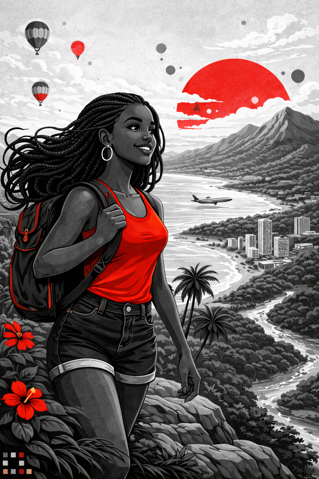 A woman with short blonde hair sitting on a beige bench, writing in a notebook, with a large green potted plant to her left and a framed abstract art piece in the background, sunlight casting shadows on the wall.