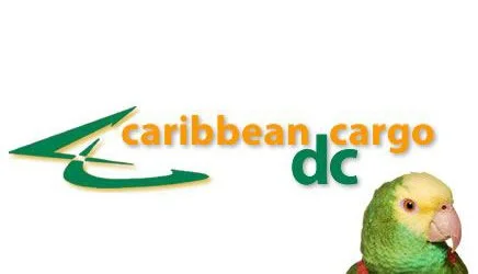 Logo of Caribbean Cargo with a green arrow, orange and green text, and a photo of a colorful parrot.