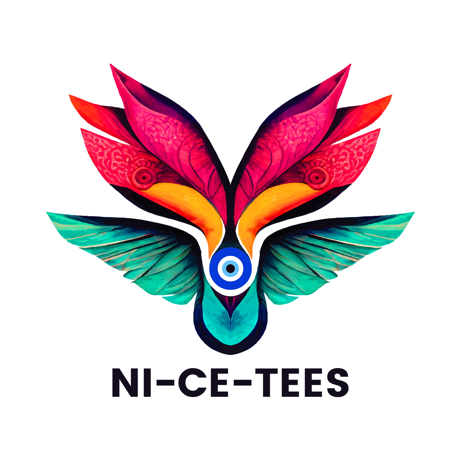 Colorful butterfly logo with outstretched wings and a target symbol at the center, with the text 'NI-CE-TEES' below.