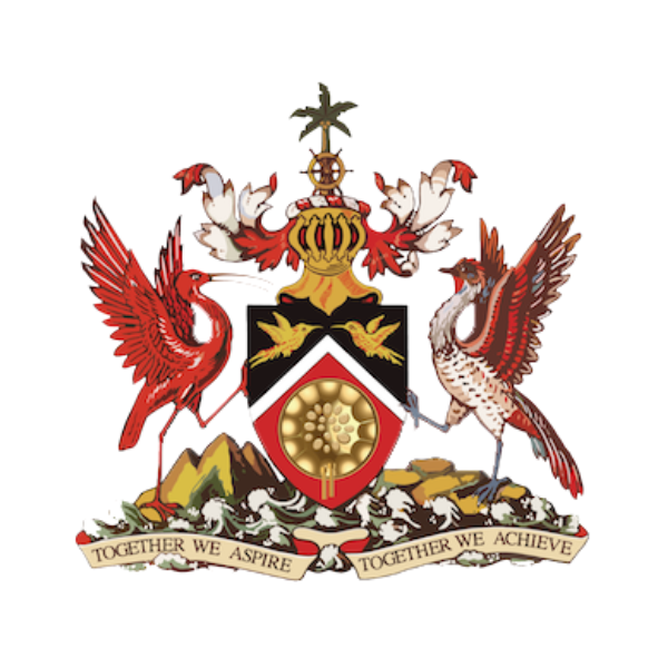 A detailed coat of arms featuring two birds, a red phoenix and a chaco eagle, standing on rocky terrain. The shield includes birds and a central circular emblem, with a crown and a palm tree on top. A banner at the bottom reads "Together We Aspire, Together We Achieve."