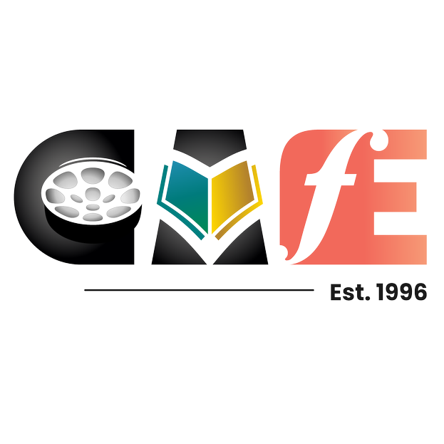 Logo for a film or media organization with the text "CMEF Est. 1996" and icons representing film, a book or film strip, and the letter 'F' in stylized fonts.