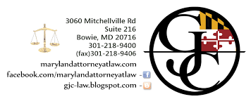 Business card for Maryland attorney law with address in Bowie, Maryland, and contact information including phone, fax, and Facebook link, alongside a logo with a black and red design.
