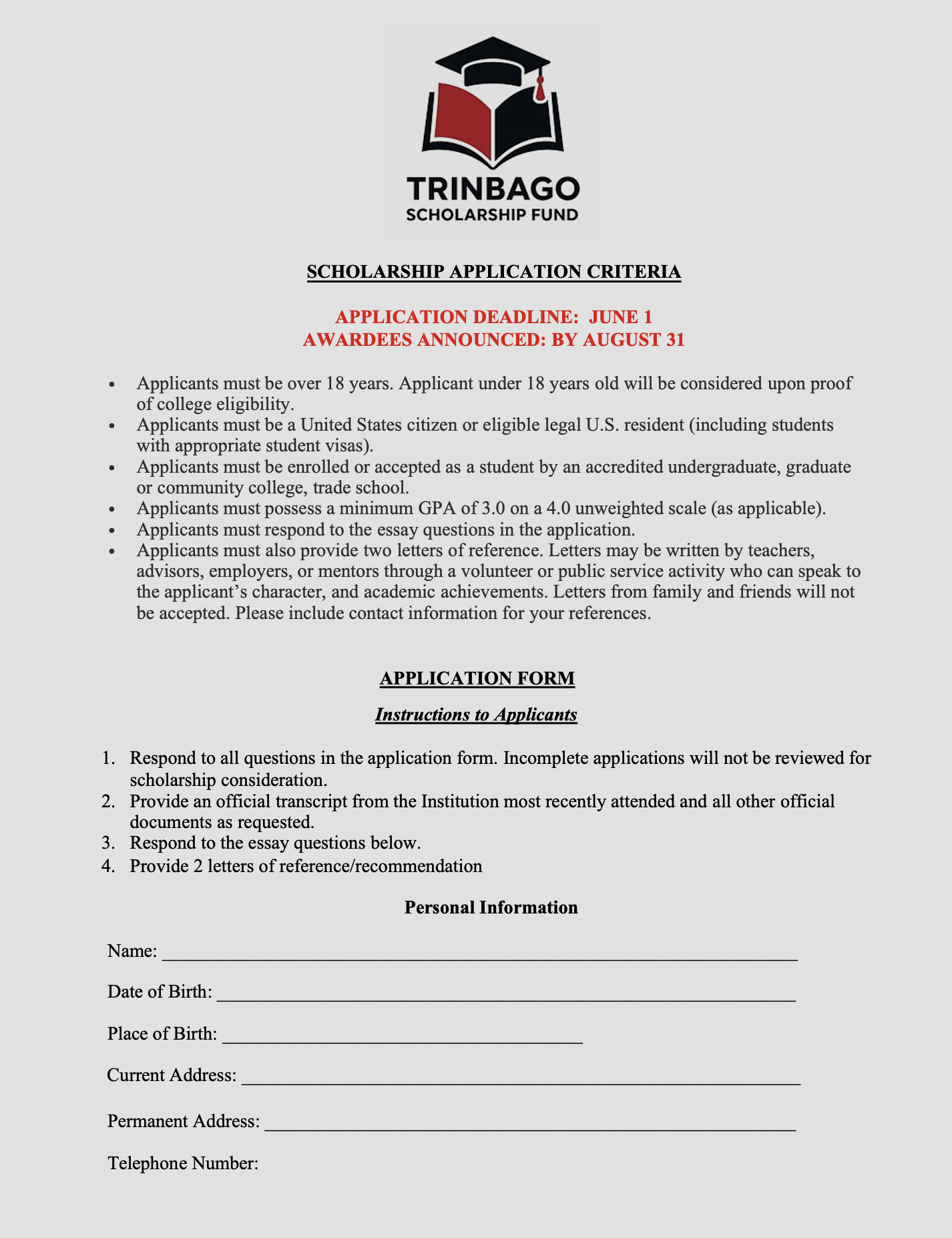 A scholarship application form for the Trinbago Scholarship Fund with deadline details, eligibility criteria, and instructions for applicants.