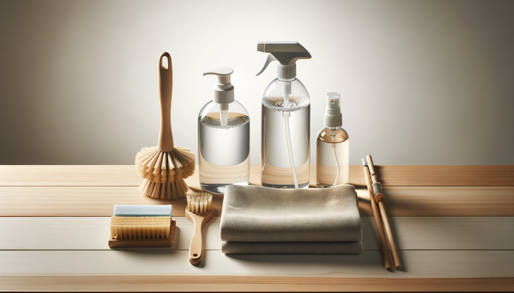Cleaning supplies on a wooden surface, including brushes, spray bottles, cloths, and sponges.