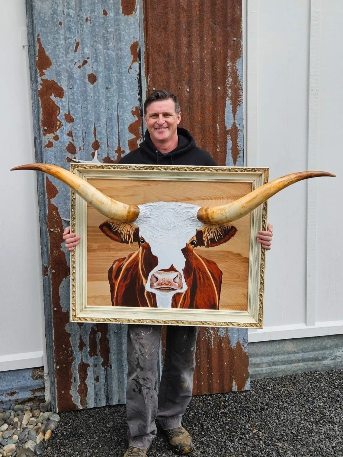 This is &ldquo;A bunch of bull&ldquo;
Acrylic, plywood, and Texas Longhorns. 
This is a piece that our member James Misner has created, and it comes with a pretty incredible story.
Several years ago he was a featured artist at a gallery in Longview W