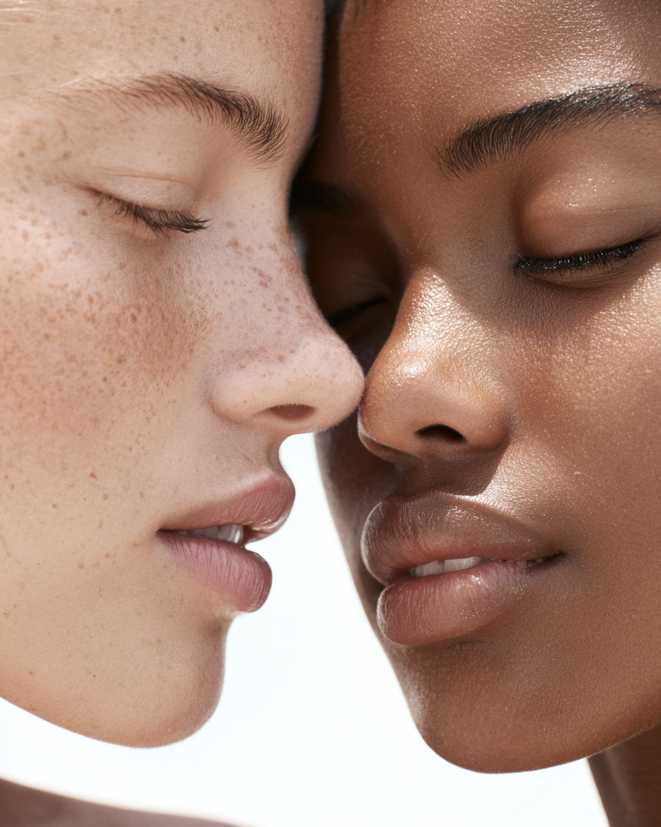 Close-up of two women with their faces touching, eyes closed, showing different skin tones and features.
