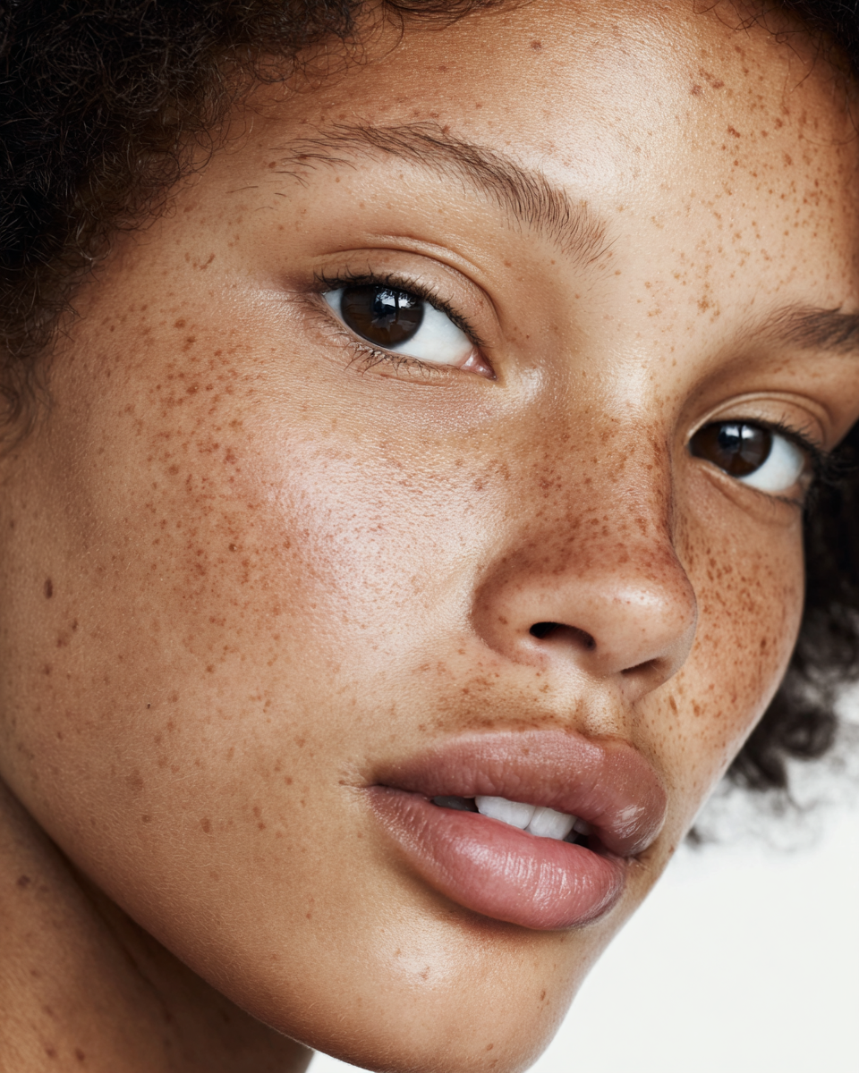 Close-up of a woman's face with brown eyes, full lips, and freckles.