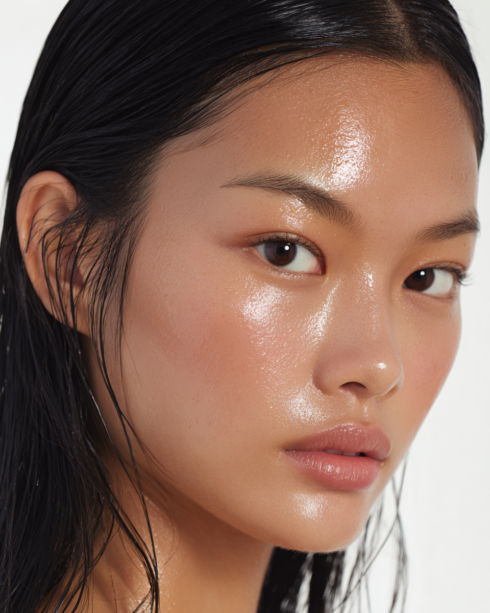 Close-up of a woman with wet, slicked-back black hair and dewy, glowing skin.
