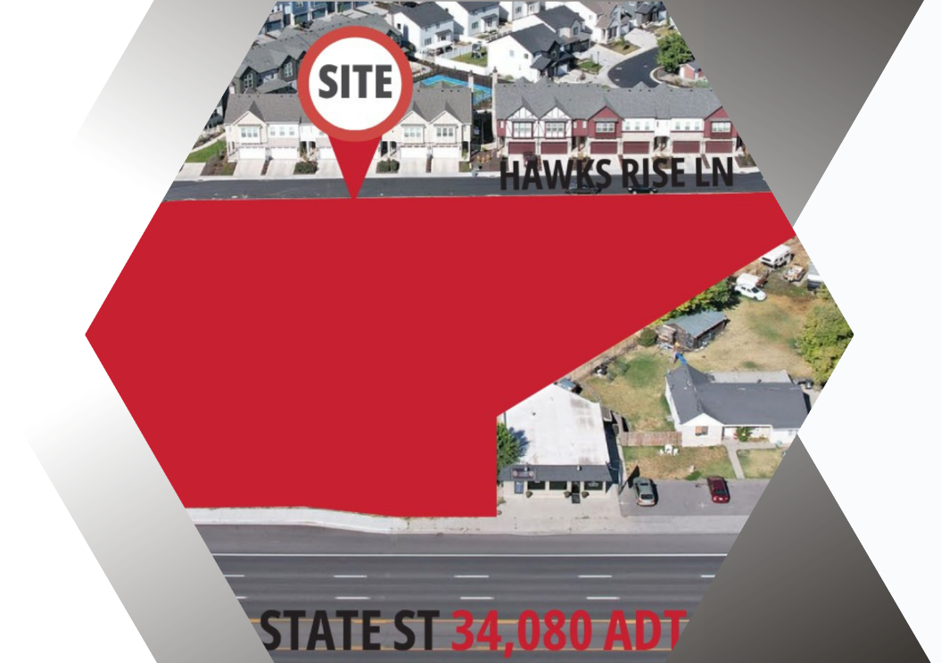 Aerial view of a residential neighborhood with overlaid map highlighting a property site for sale, marked with a red label reading 'SITE' near the street labeled 'HAWKS RISE LN'. The map shows neighboring houses, streets, and a yard. At the bottom, text indicates the street name 'STATE ST' and a population estimate of '34,080 ADT'.