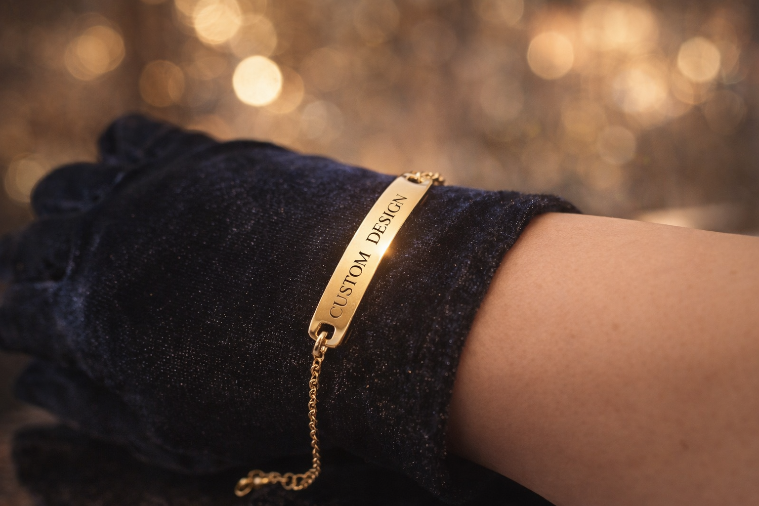 Engraved Bar Bracelet   18K PVD Thin Chain