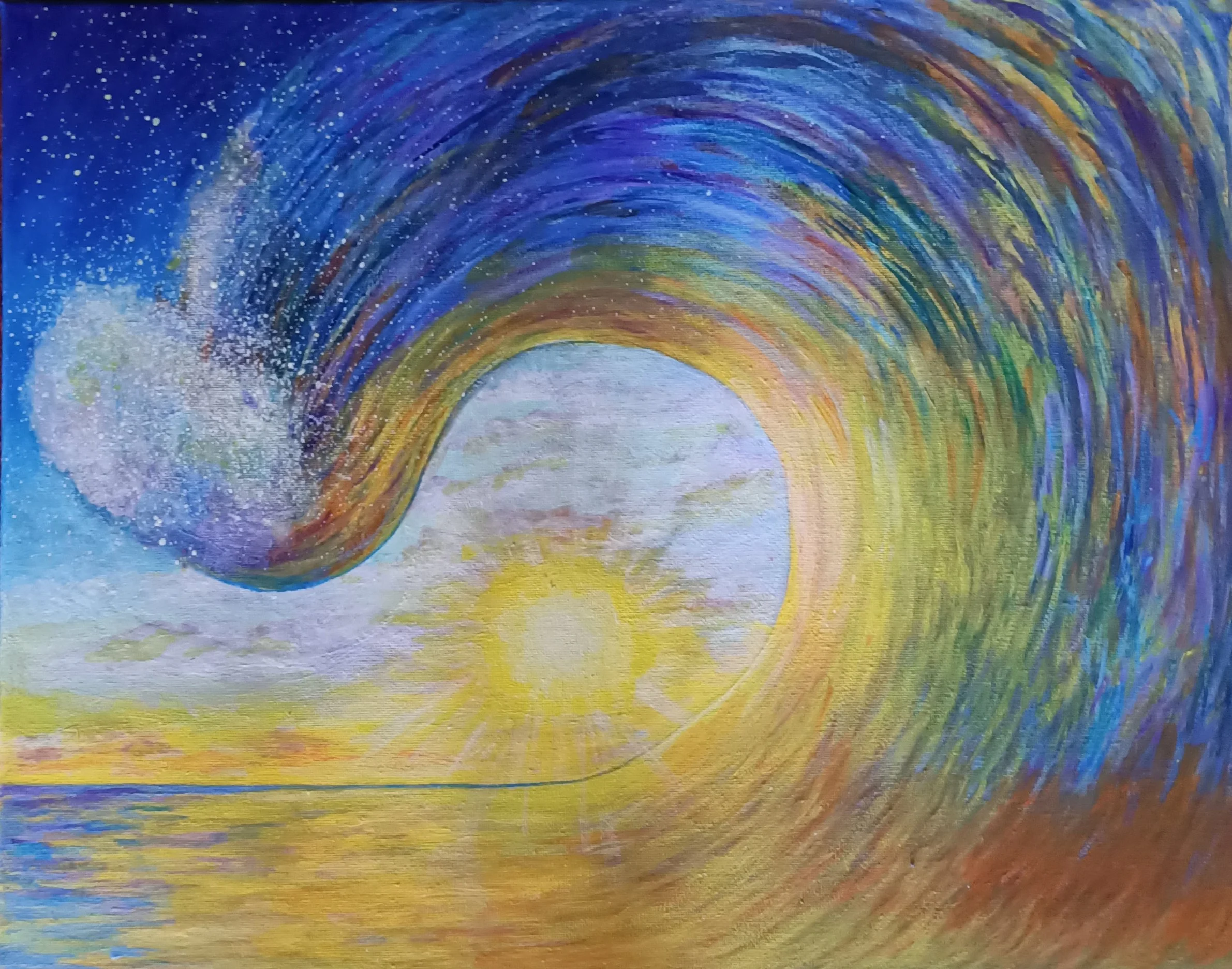 Contemporary expressive ocean painting featuring a large multicoloured curling wave forming an arc around a glowing sun, with vibrant blue, purple and golden tones, acrylic on canvas seascape.