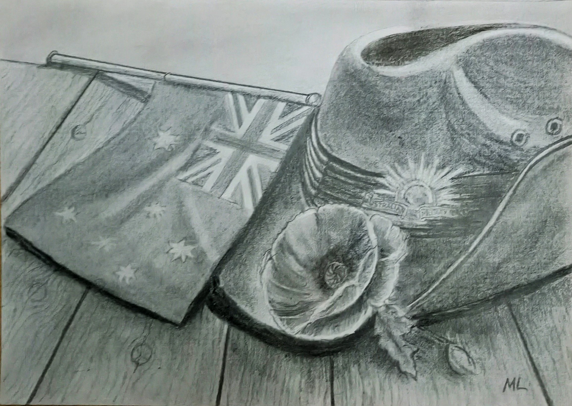 Pencil drawing of an Australian slouch hat with a poppy and rising sun badge beside the Australian flag on wooden boards