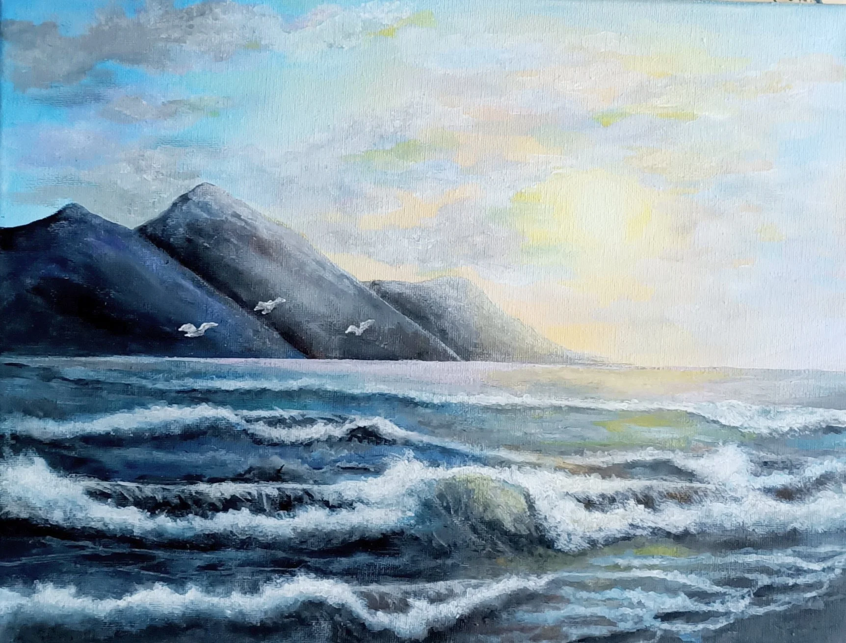 Contemporary ocean landscape painting featuring dark coastal mountains, layered waves and white seabirds under a soft illuminated sky, acrylic on canvas seascape.