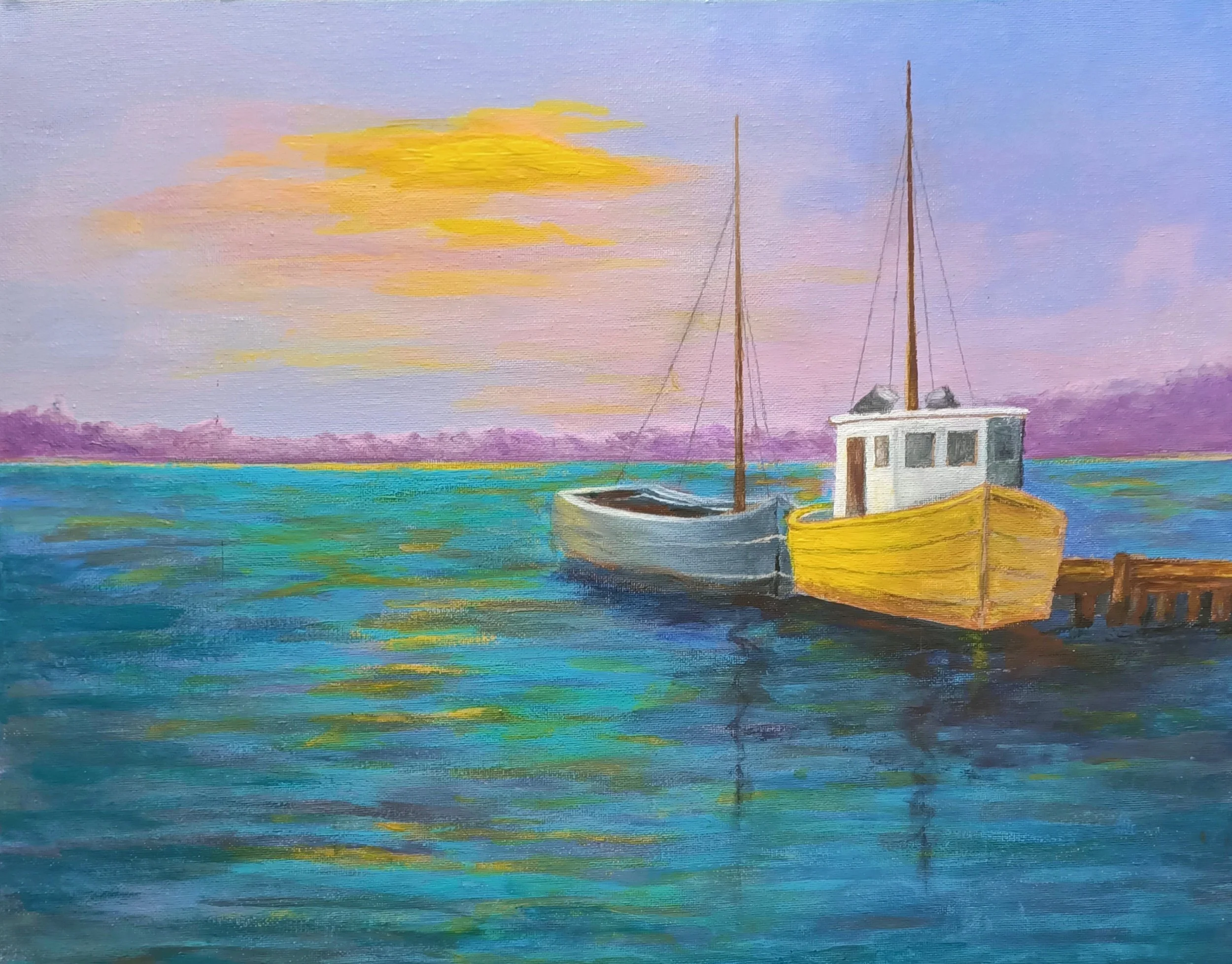 Contemporary coastal painting of two small boats moored beside a wooden jetty on calm reflective water at sunset, acrylic on canvas seascape.