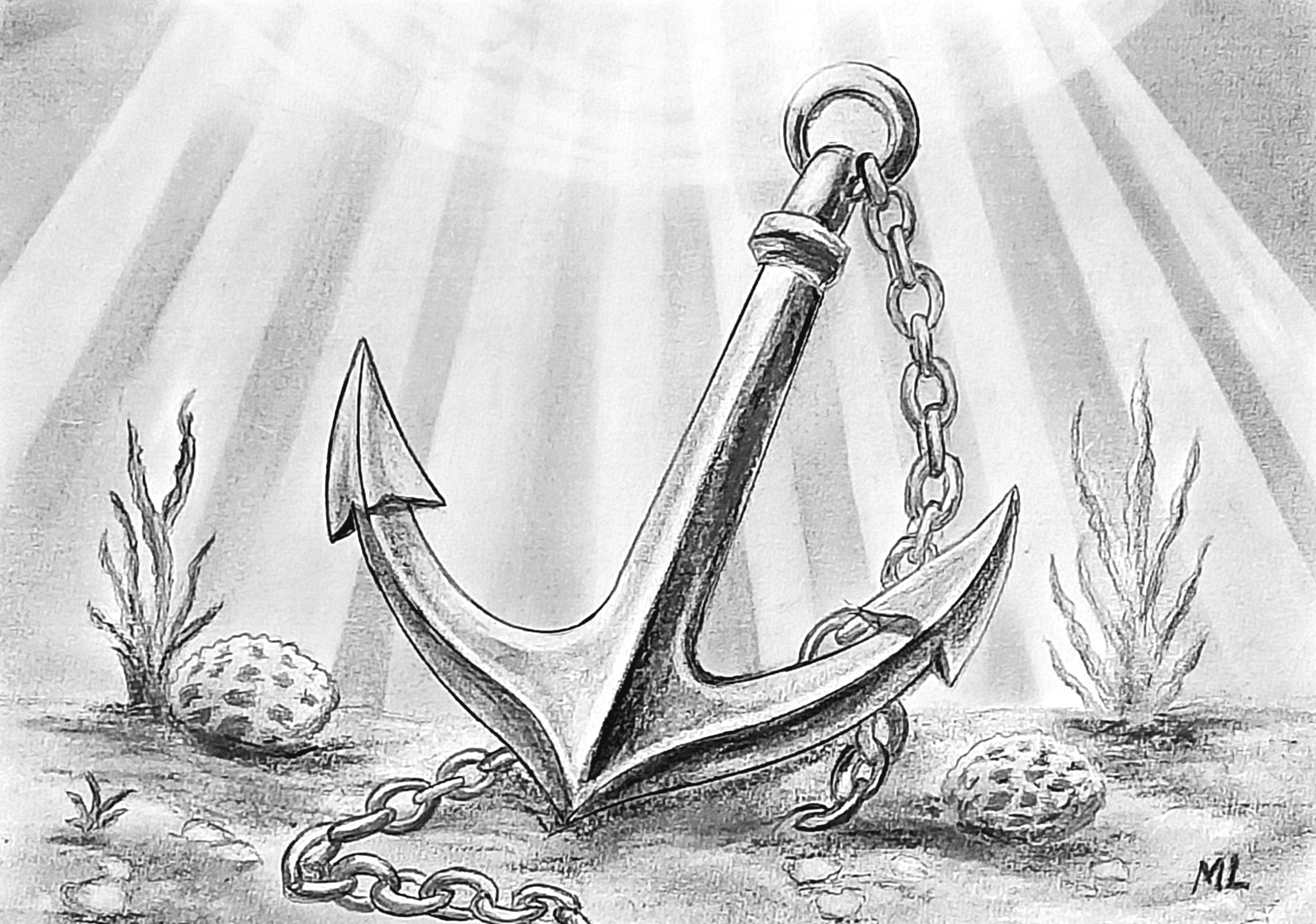 Pencil and charcoal drawing of anchor with chain on seabed with light rays from above