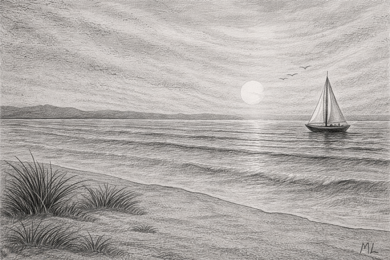 Pencil drawing of a beach with a sailboat on calm water