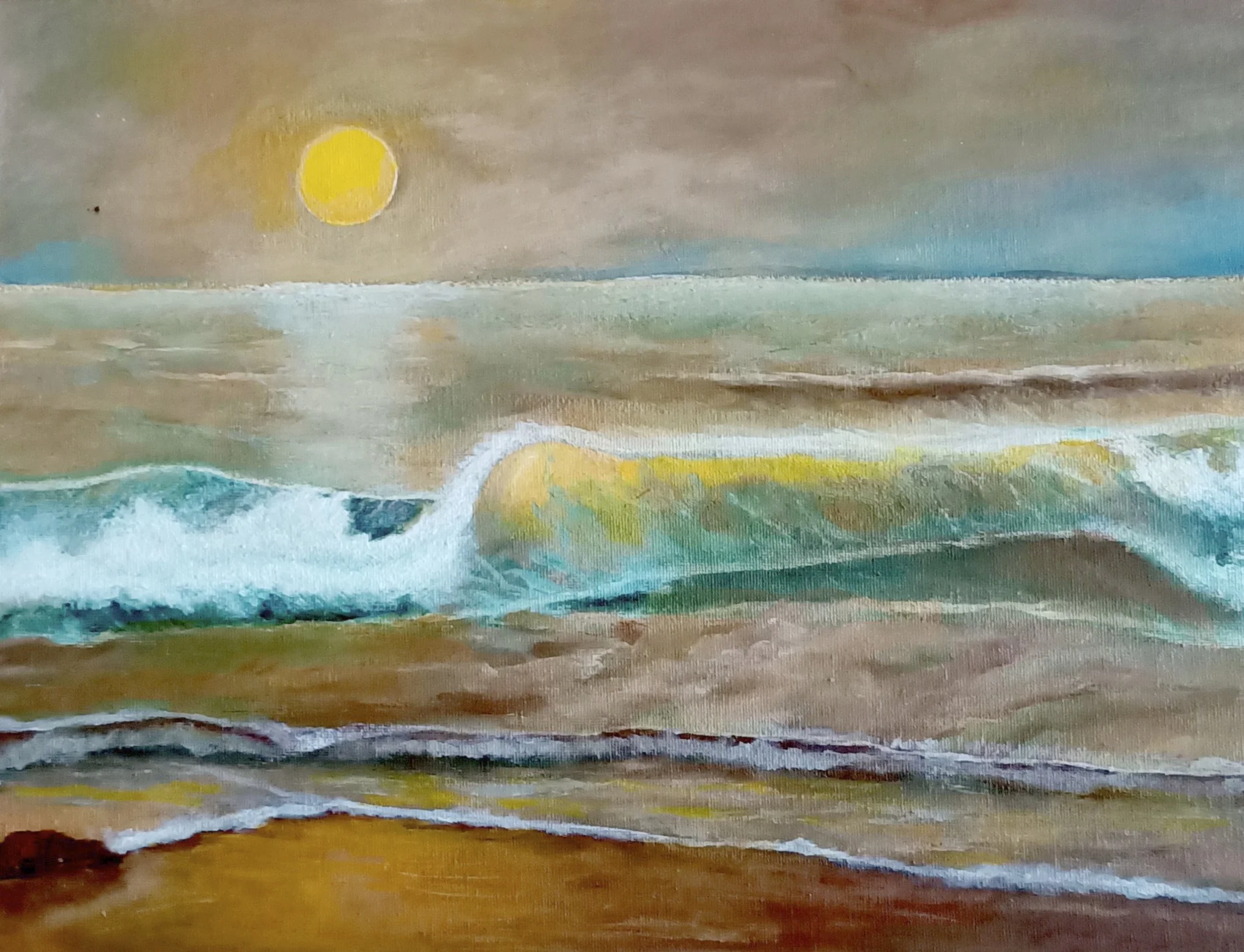 Contemporary ocean painting of a golden sun rising over layered waves with warm reflections on the shoreline, acrylic on canvas seascape.