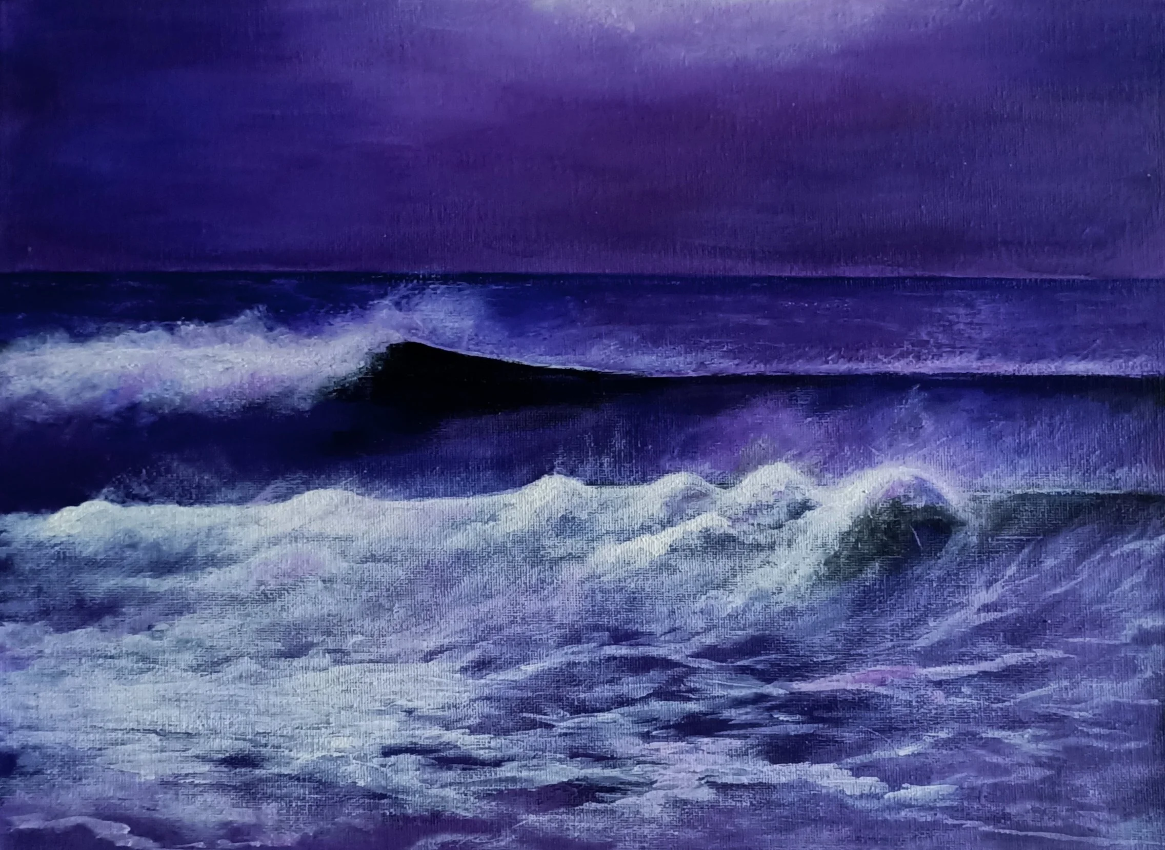 Contemporary ocean painting in deep violet and indigo tones featuring a dark curling wave with white foam under a dramatic twilight sky, acrylic on canvas seascape.