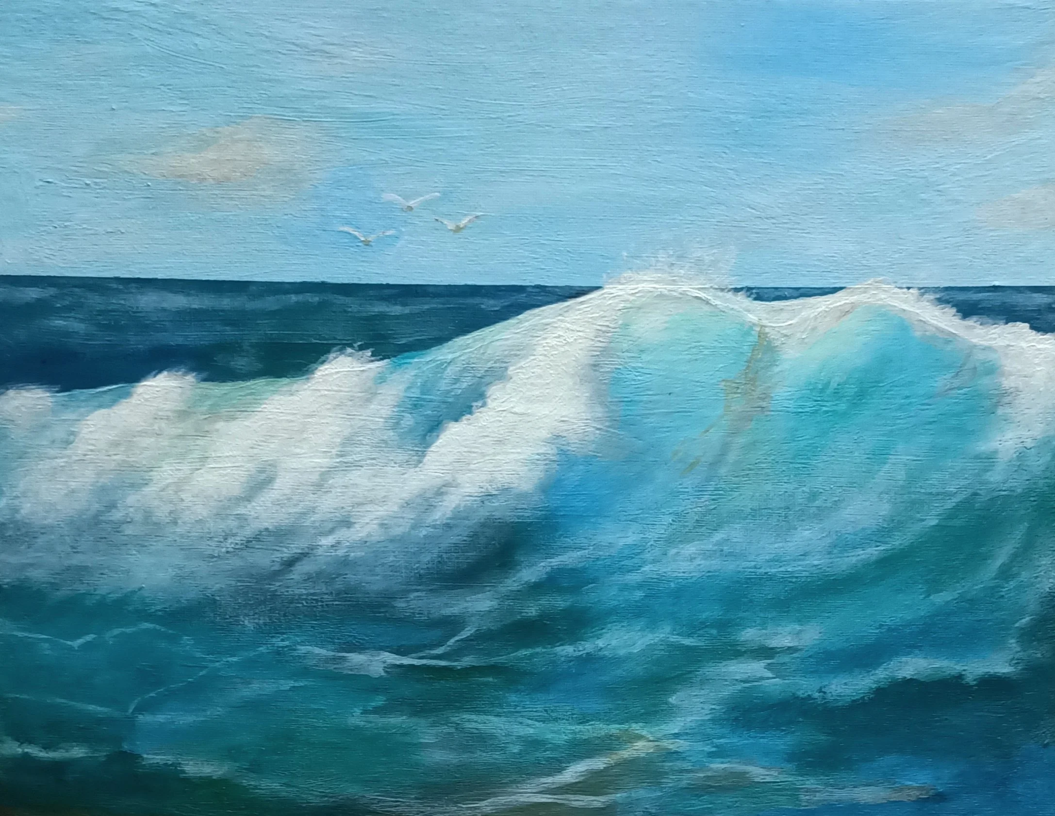 Contemporary ocean painting featuring a powerful turquoise breaking wave with white foam, distant seabirds and a clear horizon under a pale blue sky, acrylic on canvas seascape.