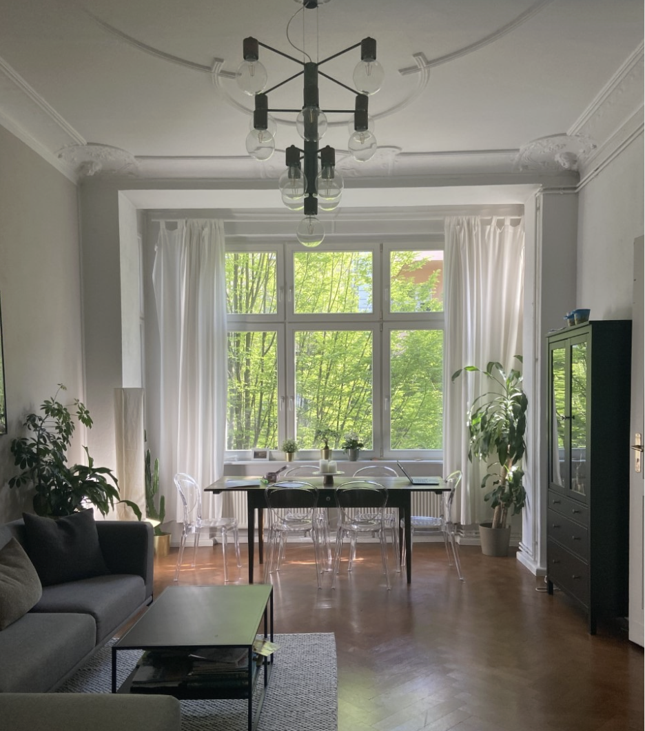 Bright living room with large window showing green foliage outside, white curtains, black dining table with transparent chairs, gray sofa, and tall potted plants.
