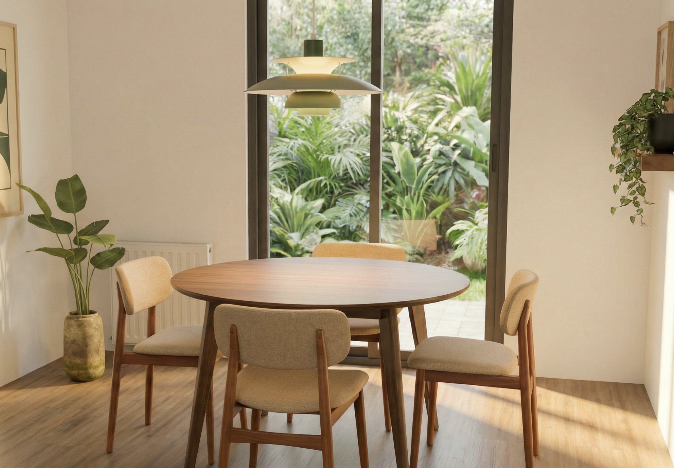 Concept for the furnishing of a dining room near Barcelona. Midcentury pieces were selected to miroir the are of the house. 