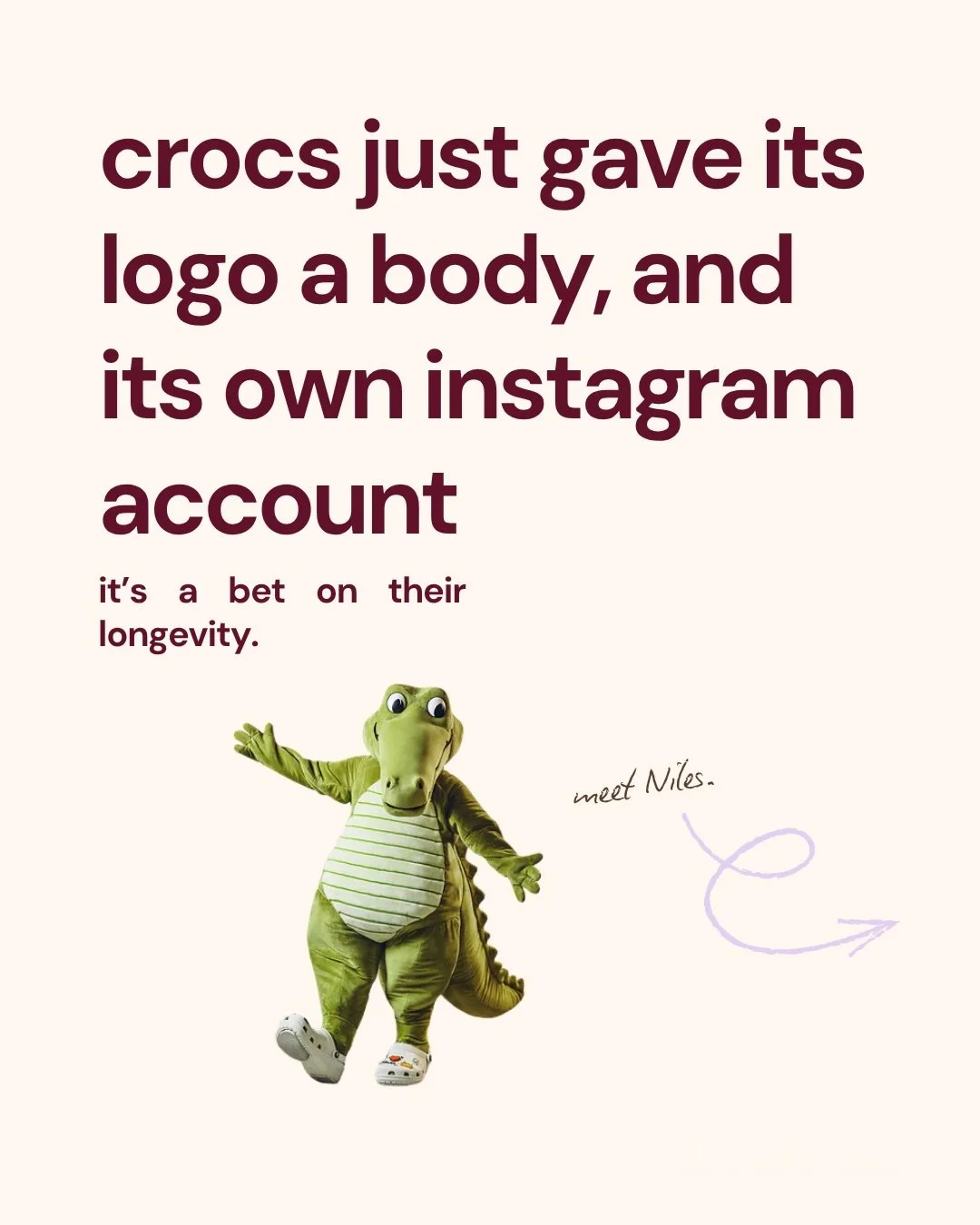 okay, niles. i&rsquo;m obsessed.

Crocs just gave their logo a body, an Instagram, a TikTok, and a weekly sitcom filmed at their actual HQ. 

and they didn&rsquo;t design a new mascot, they animated the crocodile silhouette that&rsquo;s been sitting 