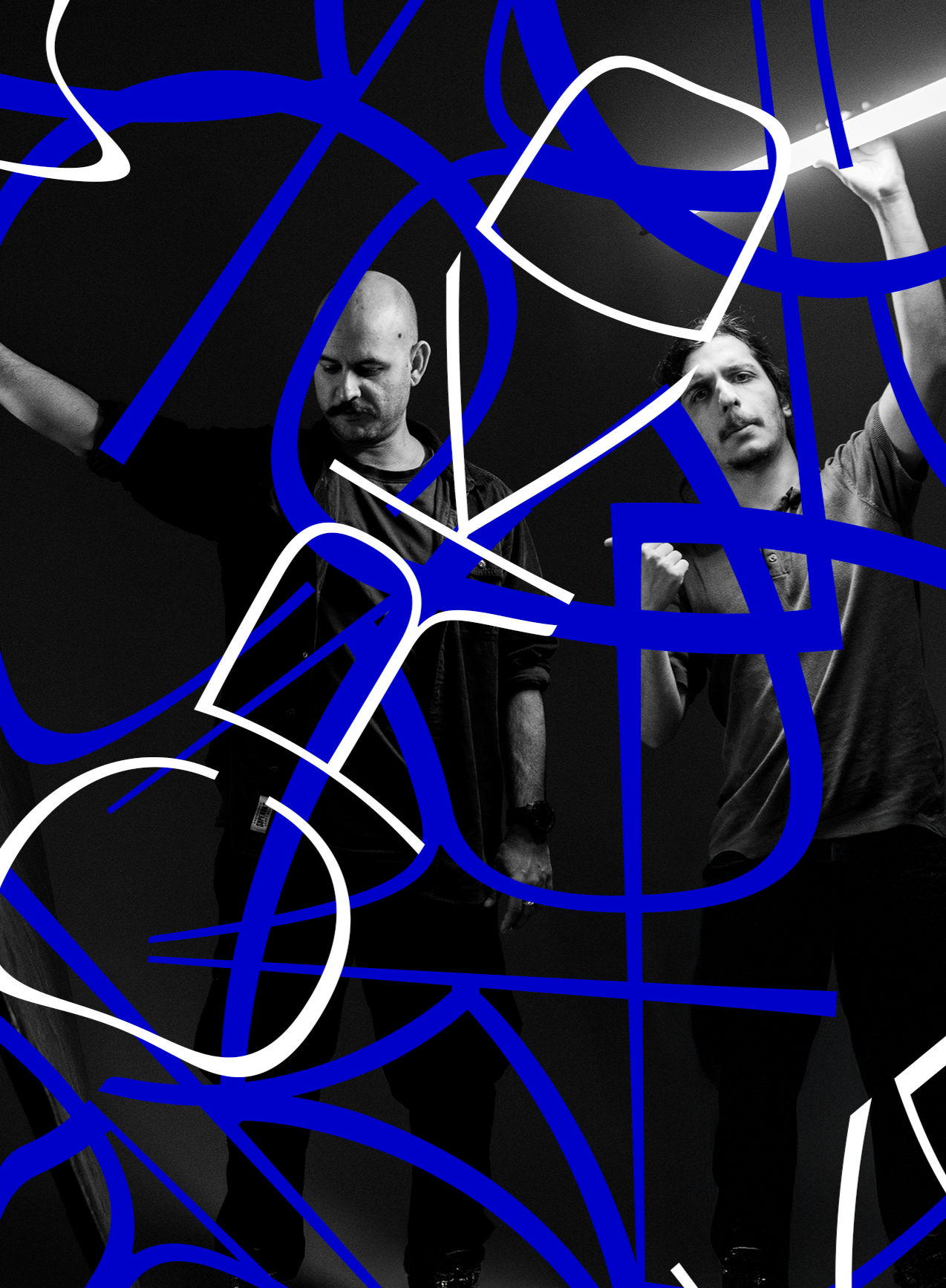 Two men in black and gray clothing standing against a black background, partially obscured by white and blue abstract lines and shapes.