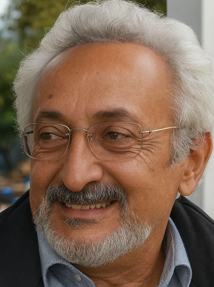 Gülümseyen yaşlı adam, gri saç ve sakala sahip, ince camlı gözlük takıyor, açık mavi gömlek ve siyah ceket giyiyor.