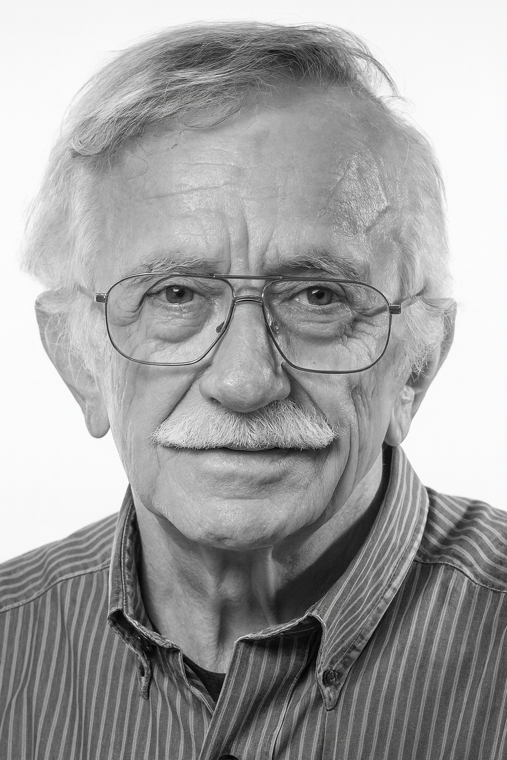 Düzeltilmiş siyah beyaz portre, yaşlı adam, gümüş saçlar, bıyık, gözlükler, şerit desenli gömlek.