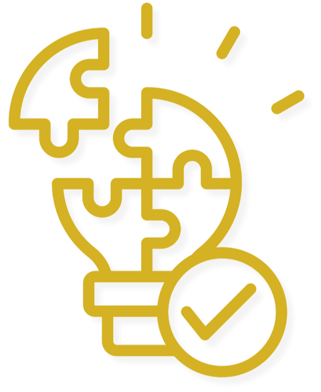 A yellow outline of a light bulb with puzzle pieces inside and a checkmark in a circle at the bottom right.