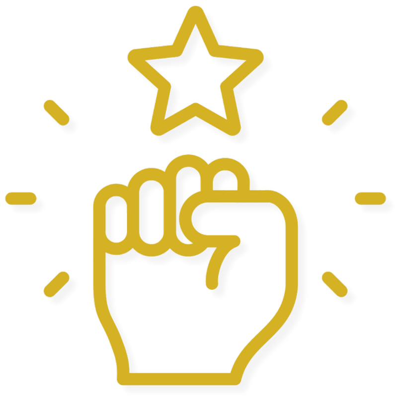 A gold outline of a clenched fist with a star above it and radiating lines, symbolizing achievement or celebration.