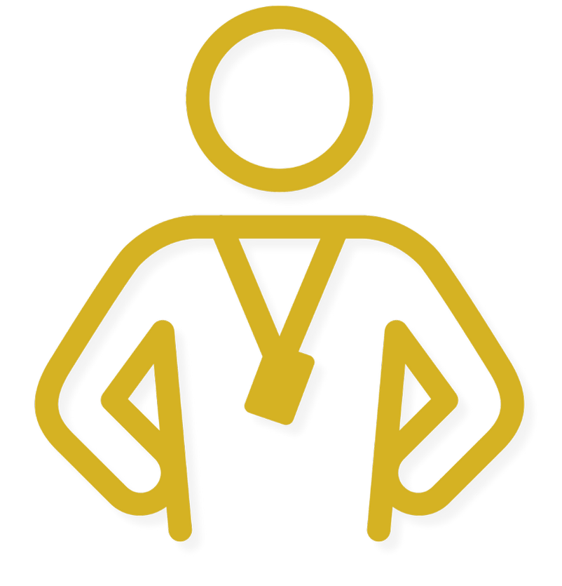 Icon of a person who is a coach, with hands on hips, depicted in gold outline on a black background.