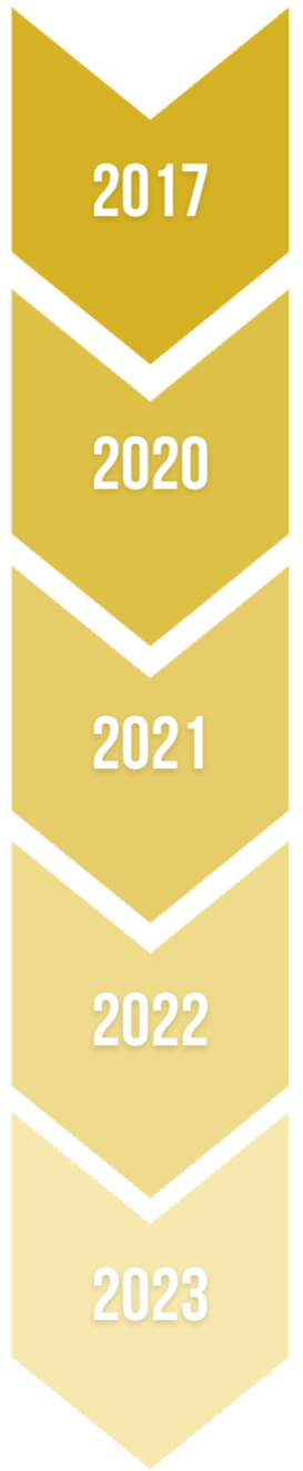 A vertical timeline chart showing five years from 2017 to 2023, with each year in a different shade of gold.