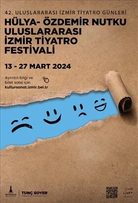 Veranstaltungsplakat für das international Theaterfestival in Izmir vom 13. bis 27. März 2024. Das Plakat hat eine braune Papieroptik mit einem blauen Streifen, der lachende und traurige Gesichter zeigt.