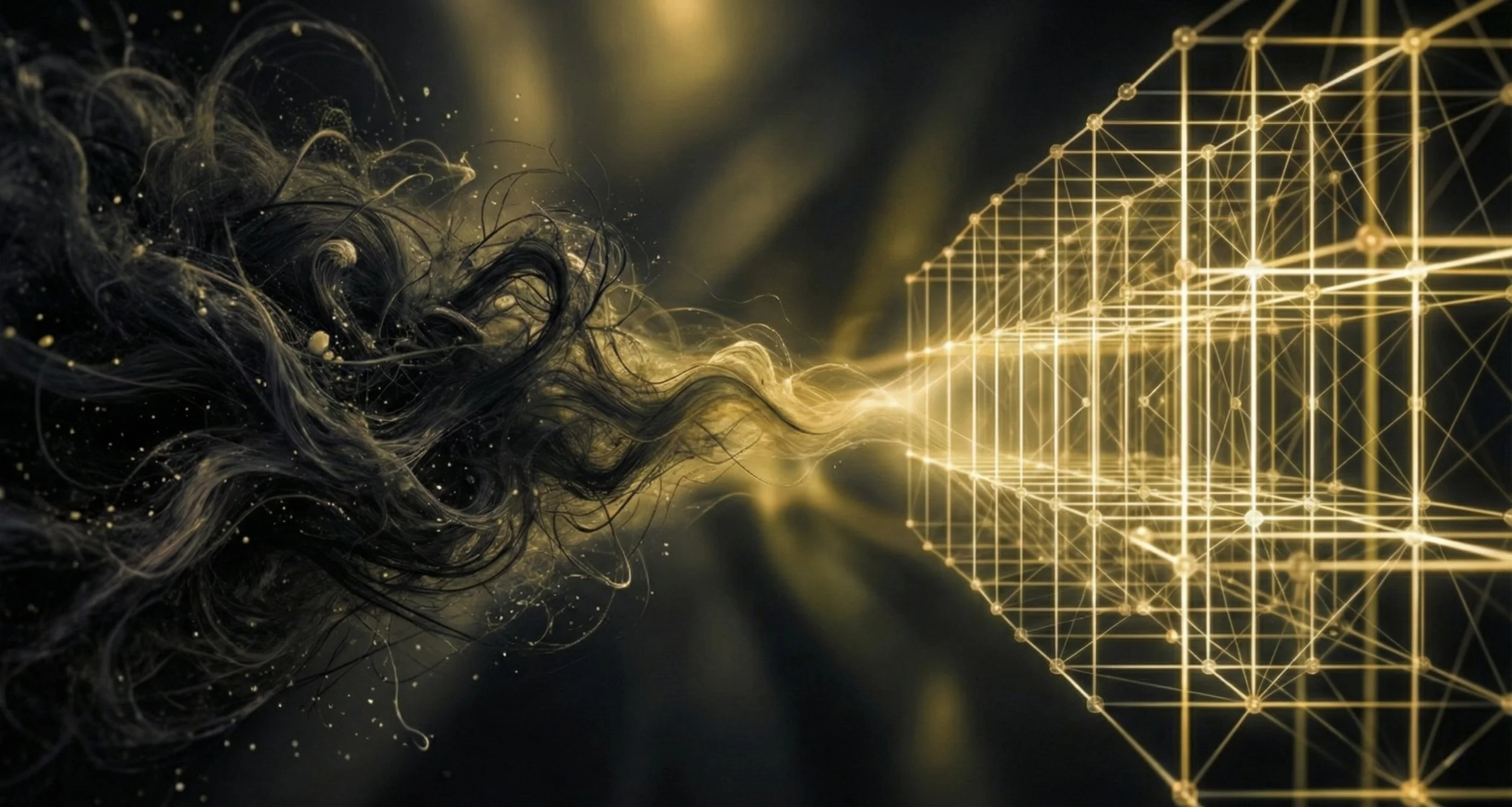 Representación digital con líneas y puntos dorados formando una estructura tridimensional, emergiendo de un fondo oscuro con filamentos y partículas.