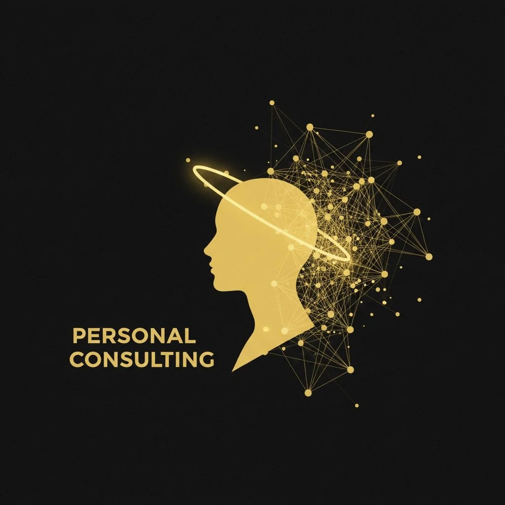 Ilustración con perfil de cabeza humana en color dorado, con un anillo orbital alrededor de la cabeza y una red de puntos y líneas que representa conexiones y pensamientos, fondo negro. Texto: 'Personal Consulting'.
