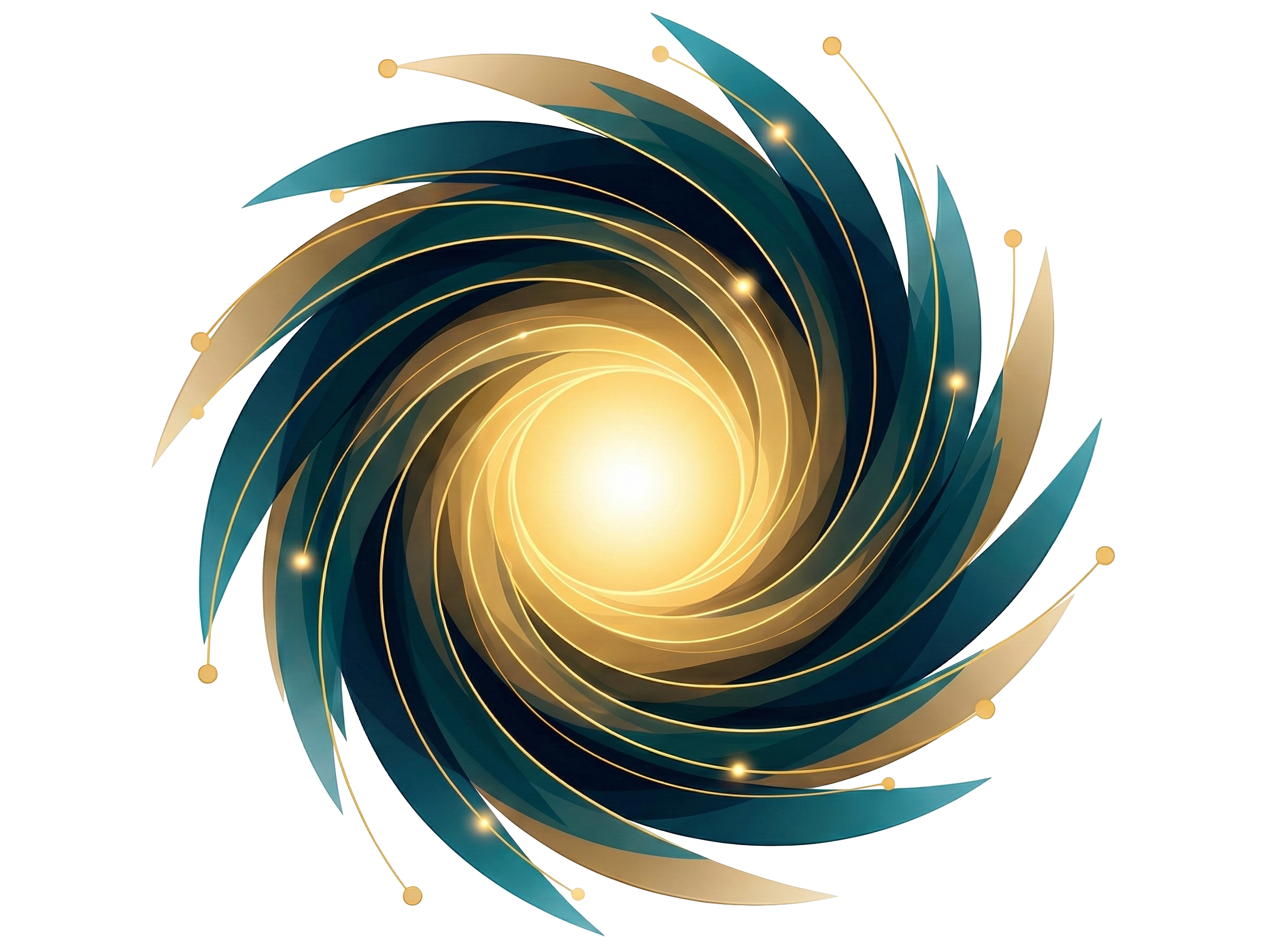 Ilustración digital que muestra un remolino brillante de color dorado en el centro, con formas de alas o pétalos en tonos azules y dorados, que giran alrededor del centro luminoso, todo sobre fondo negro.