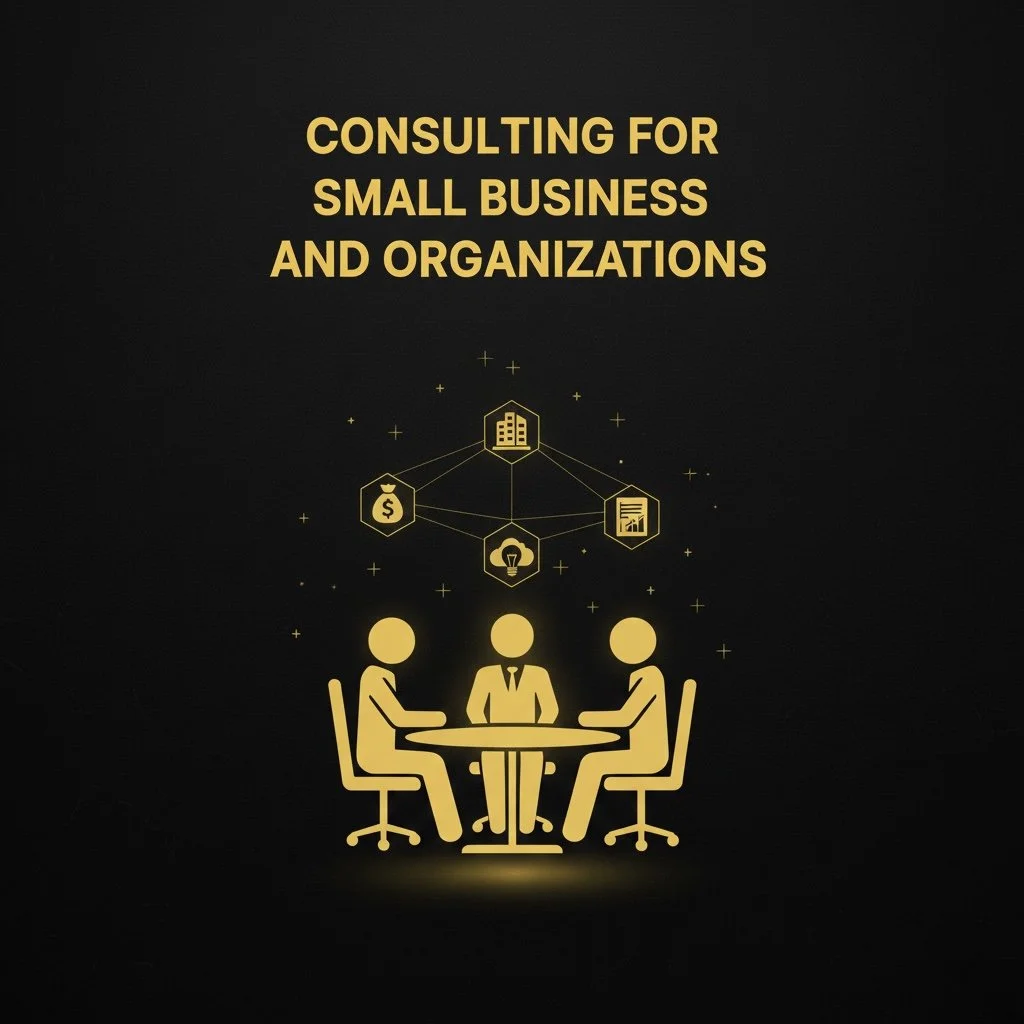 Diagrama con iconos de una oficina, dinero, gráfico y una bombilla, con tres personas en una mesa de reuniones y texto que dice 'Consultoría para pequeñas empresas y organizaciones'.