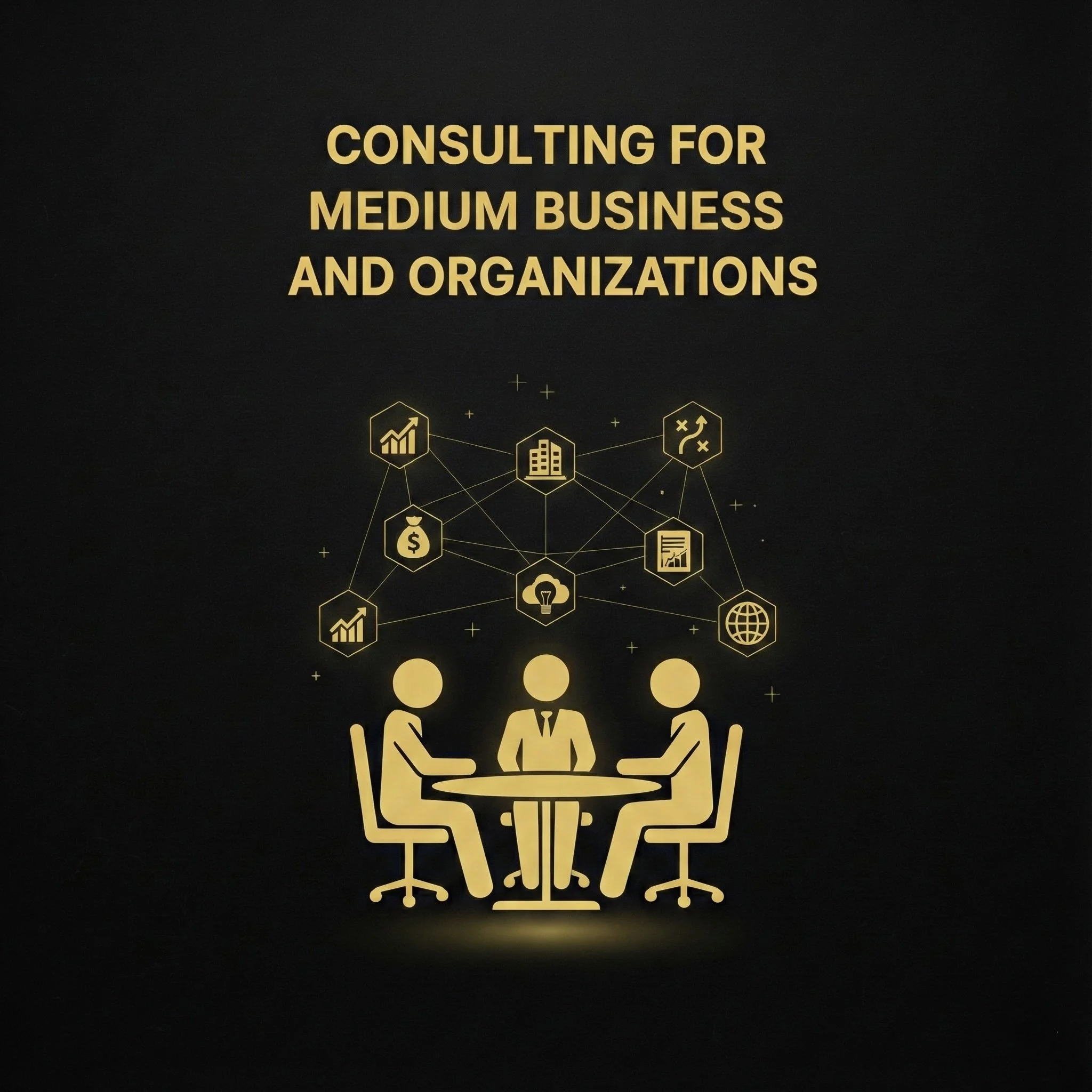Ilustración en negro y dorado de tres personas en una mesa de negocios, con íconos de gráficos y finanzas conectados en la parte superior y el texto en inglés 'Consulting for Medium Business and Organizations'