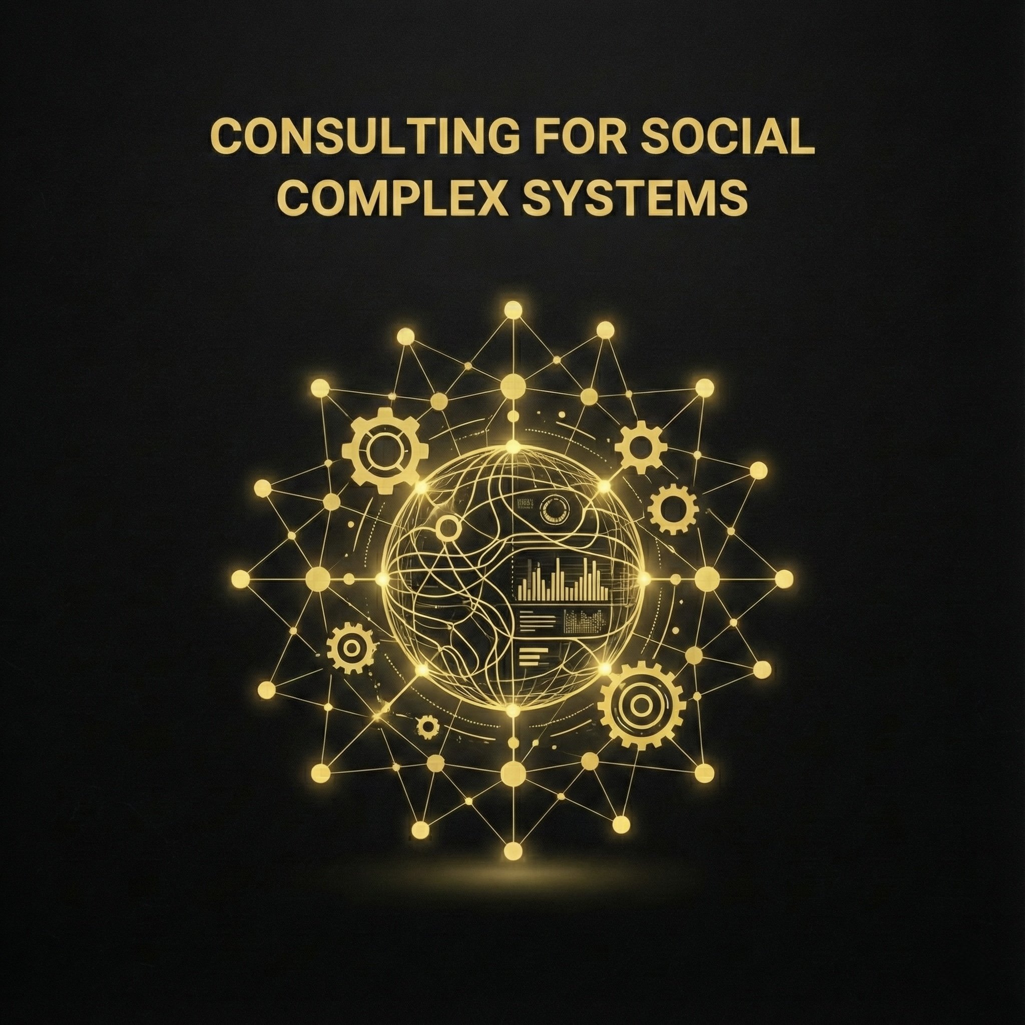 Representación digital de un globo terráqueo con gráficos y engranajes en un fondo oscuro con texto en inglés 'Consulting for Social Complex Systems'.