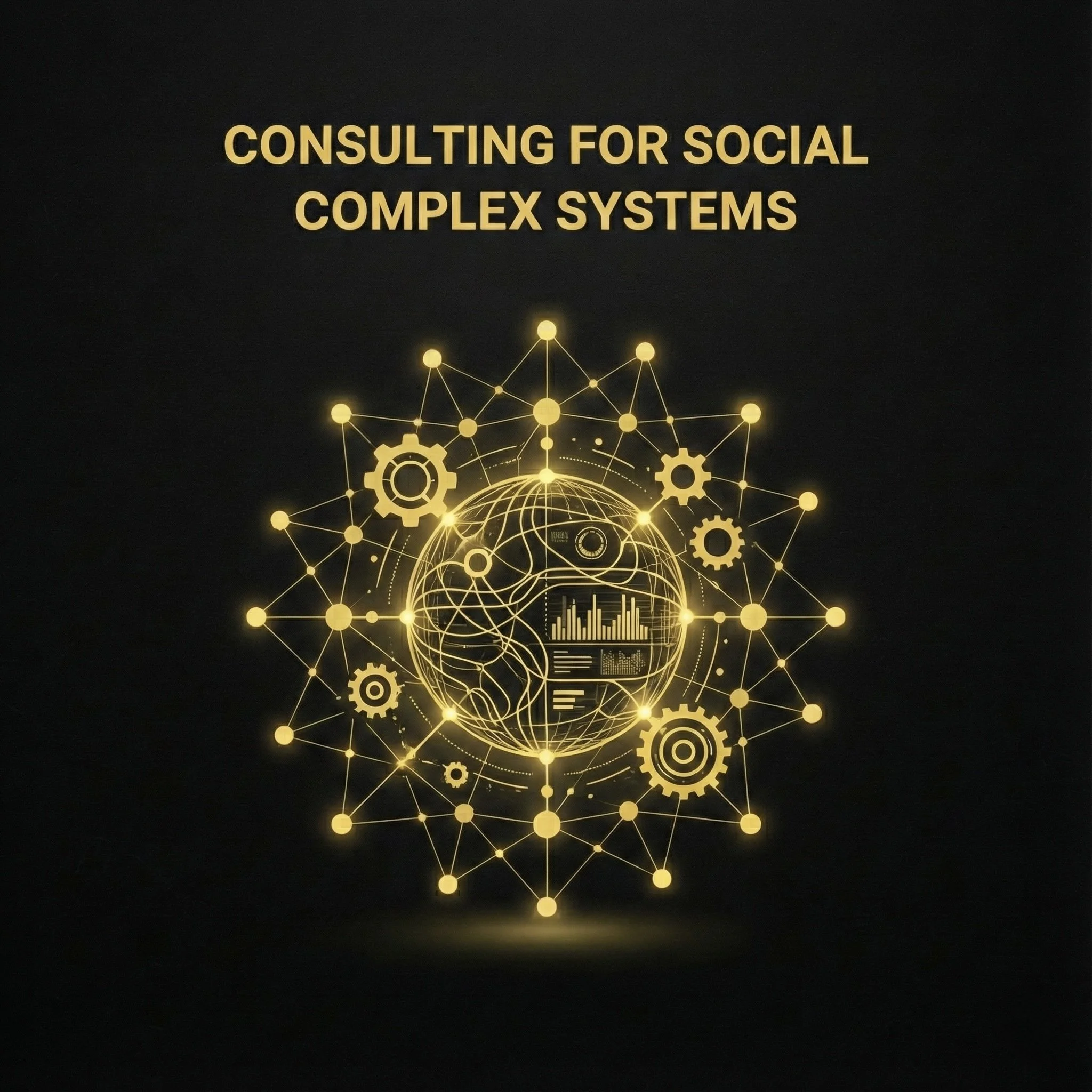 Texto en la imagen que dice 'Consultoría para sistemas sociales complejos' con un diseño digital en amarillo que representa un globo terráqueo con engranajes y conexiones digitales.