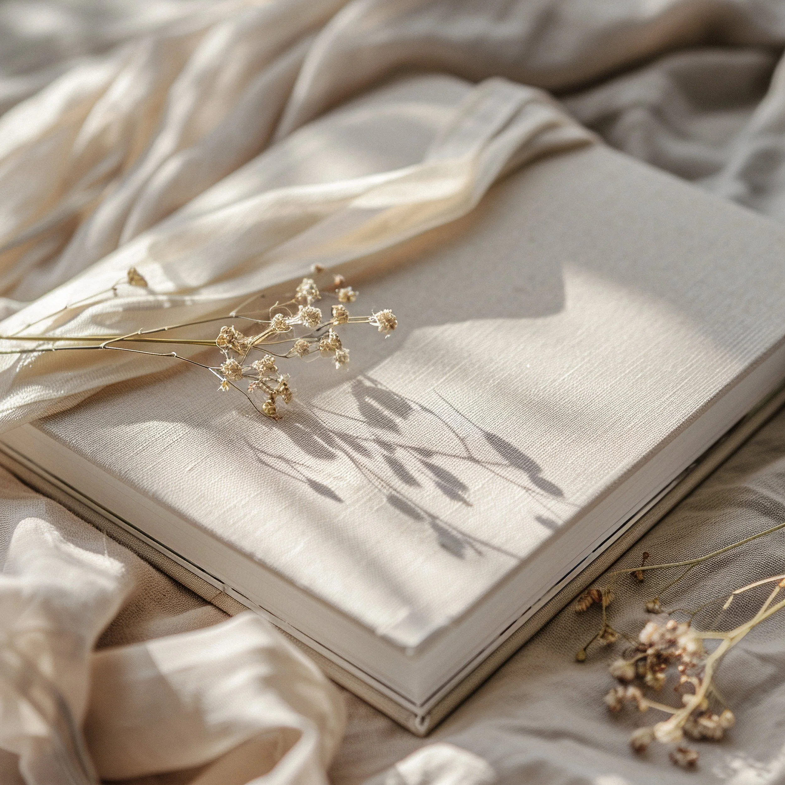 Open cream-colored notebook with dried flowers placed on top, surrounded by soft fabric in neutral tones, creating a minimalist aesthetic.