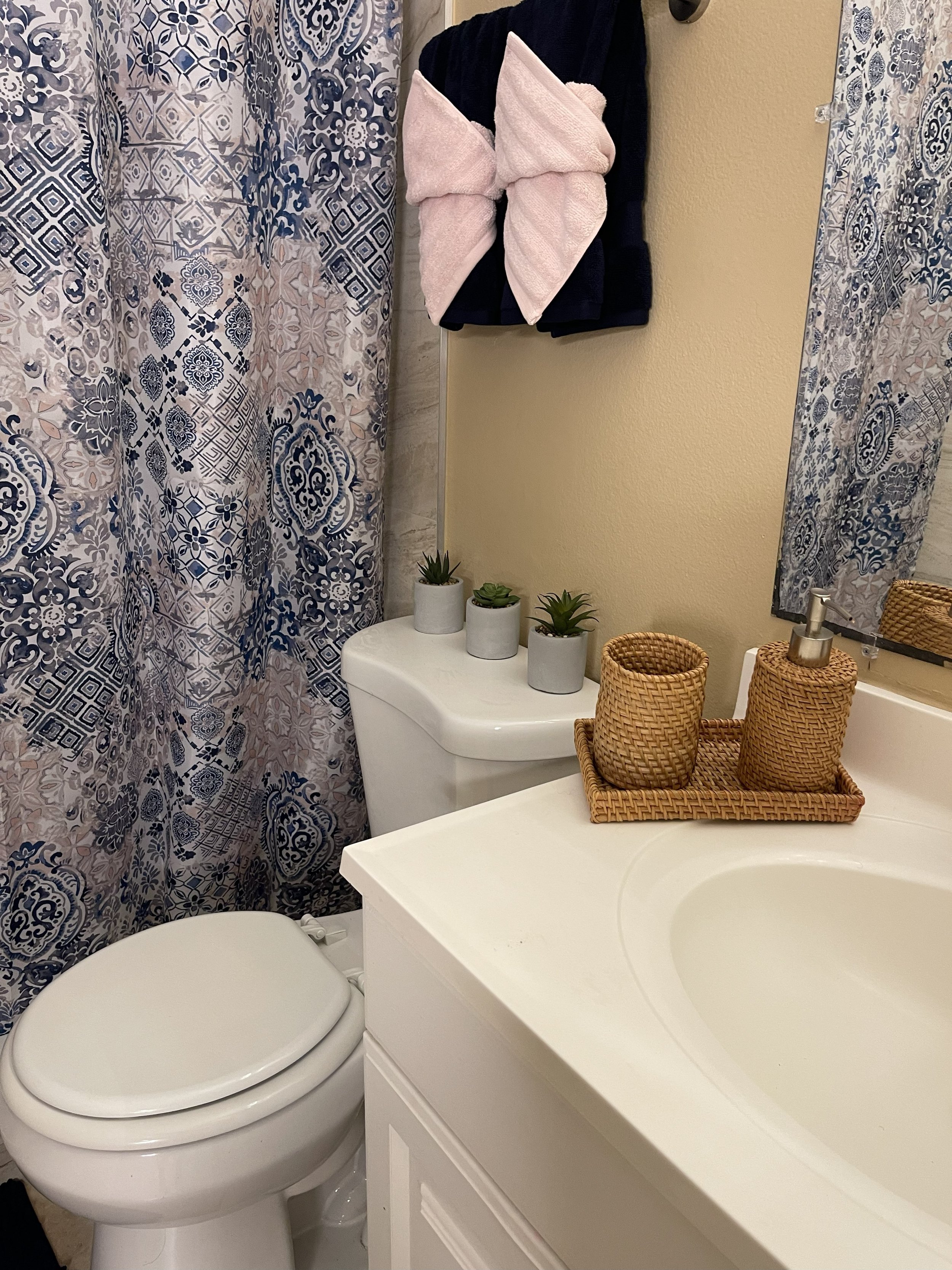 Bathroom with toilet, vanity, blue-gray patterned shower curtain, small potted succulents, and towels above the toilet.