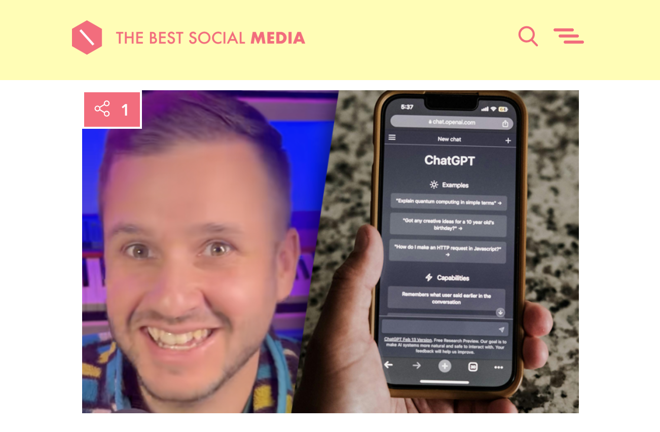 Een persoon houdt een smartphone met open chatGPT-app in de hand, terwijl op de achtergrond een lachende man zichtbaar is. De smartphone toont verschillende voorbeeldvragen en functies.