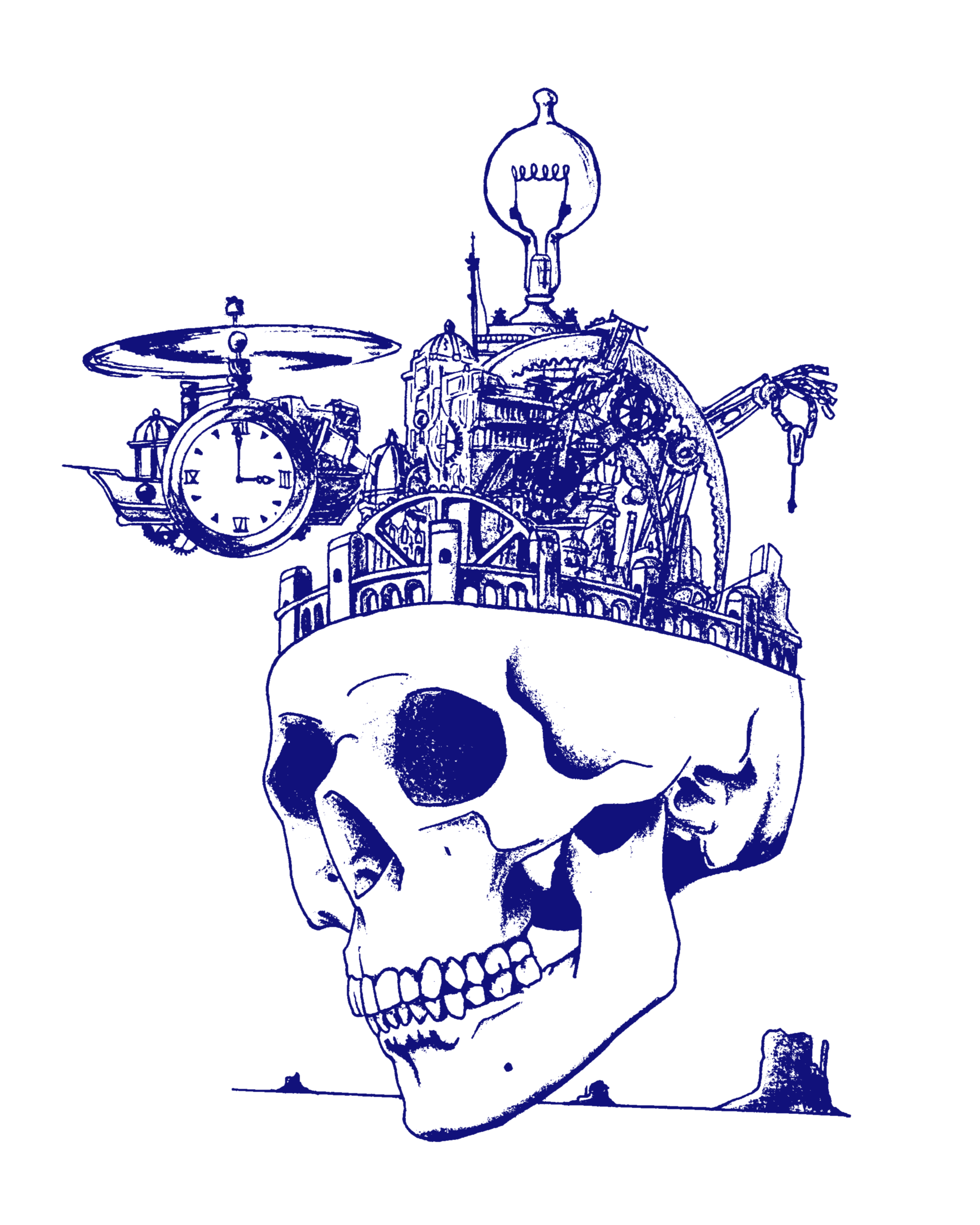 Outline drawing of a skull with a cityscape on top, including a clock, a dome, a spire, and a hot air balloon in the background.