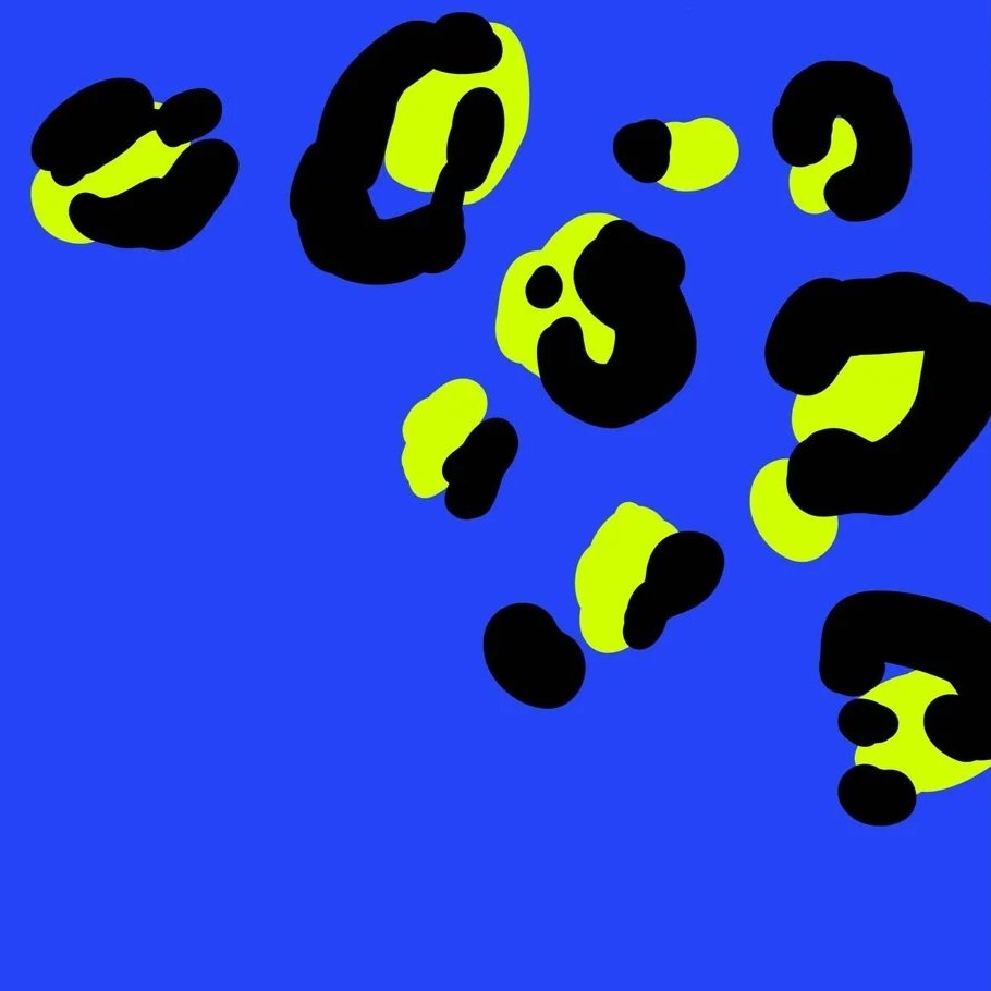 Abstract digital art with irregular black and yellow shapes on a blue background.