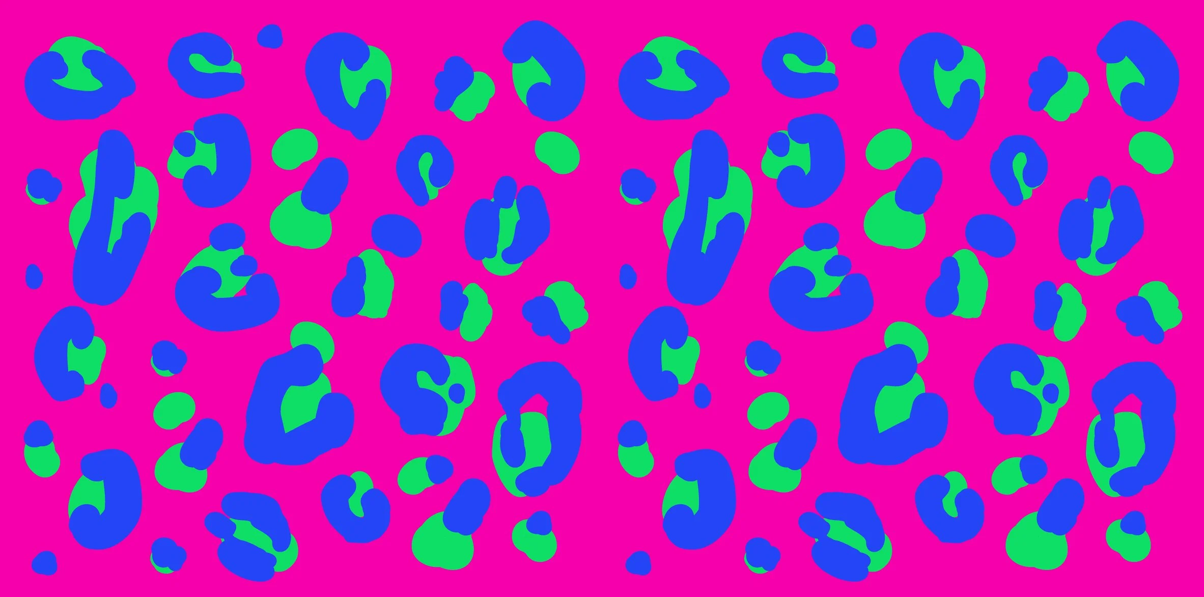 Colorful abstract pattern with irregular blue and green spots on a pink background.