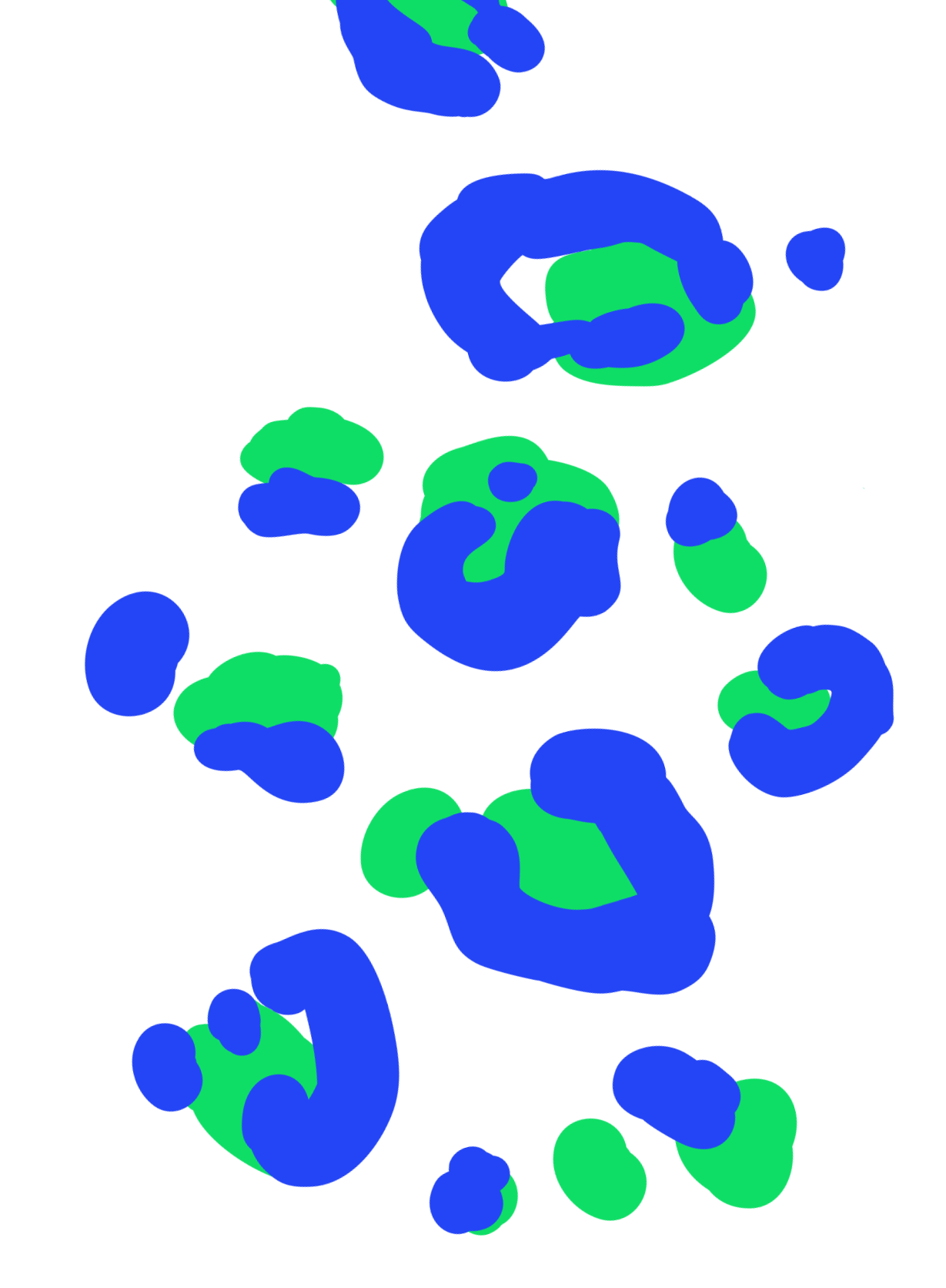A digital illustration featuring abstract shapes in blue and green on a black background.
